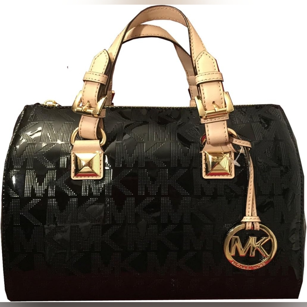 Michael Kors MK Grayson Black Gold Patent Leather Doctor Bag Purse Satchel